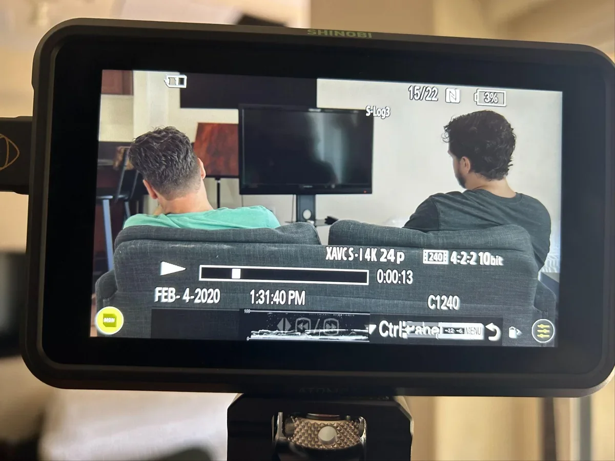 Camera monitor showing a two-person scene during Dream Girl production.