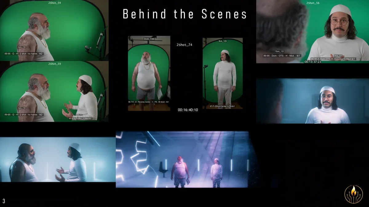 Behind-the-scenes page showing green-screen capture and finished scenes from Holy Sh*t I’m Dead.