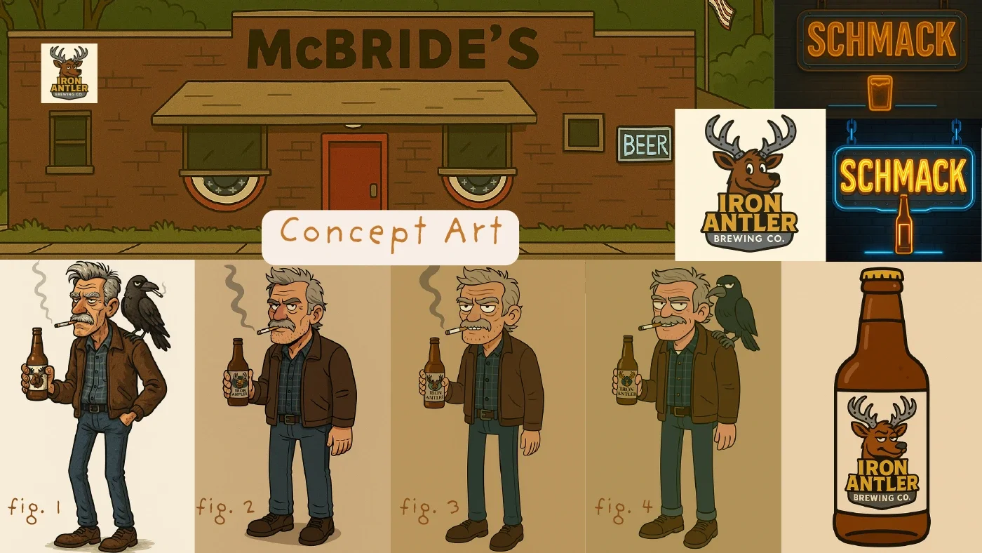 Schmack concept deck page 3: Concept art showing Schmack character designs, McBride’s bar, signage, and Iron Antler Brewing