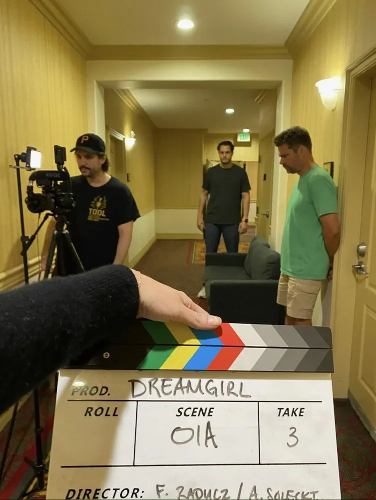 Camera setup and slate during Dream Girl production.