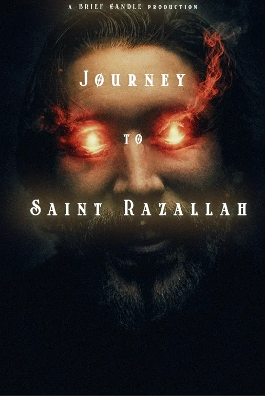 Journey to Saint Razallah concept poster: a bearded face with fiery eyes
