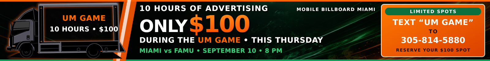 Mobile Billboard Miami — $100 game-day advertising promotion banner