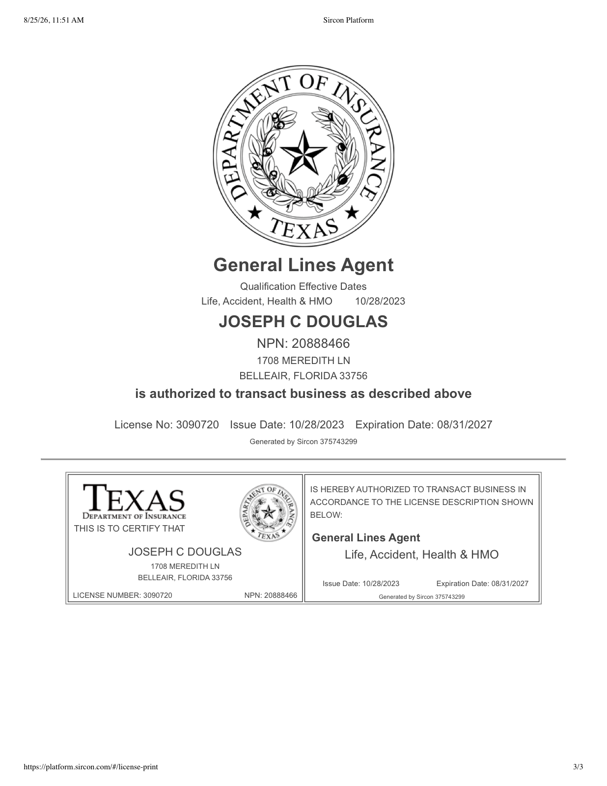 Texas insurance license issued to Joseph C. Douglas, known professionally as Caden Douglas, license 3090720