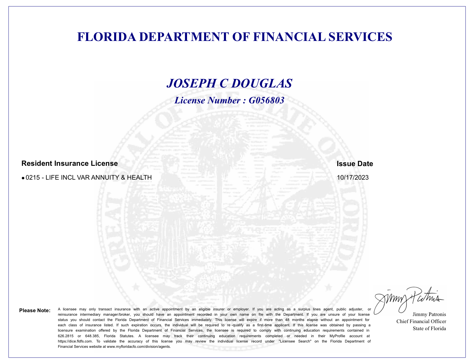 Florida insurance license issued to Joseph C. Douglas, known professionally as Caden Douglas, license G056803