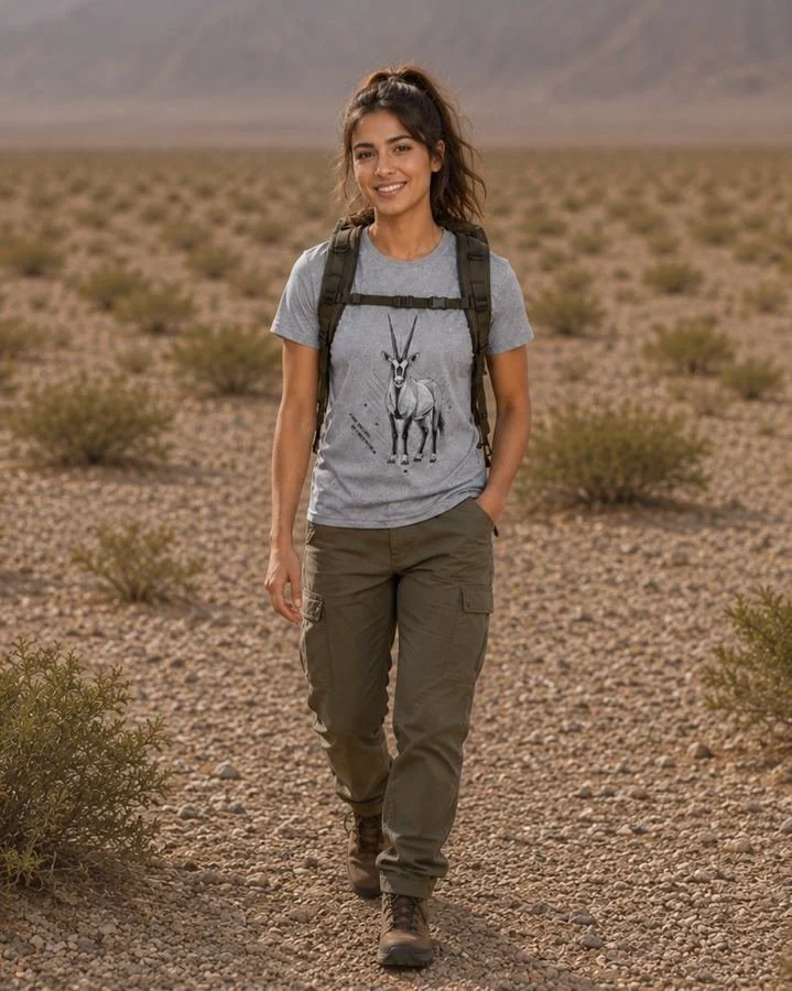 Hiker in the desert wearing the light grey Arabian Oryx shirt