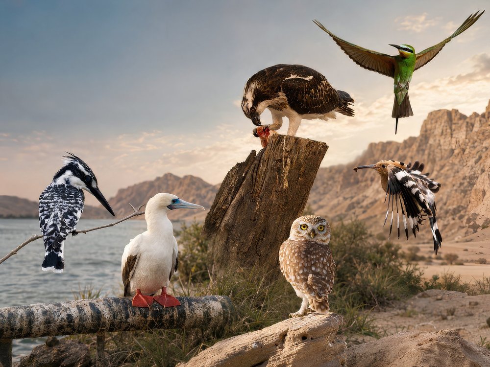 A pied kingfisher, red-footed booby, osprey with a fish, green bee-eater, hoopoe and little owl on driftwood and a tree stump beside the sea, with desert mountains behind at dusk.