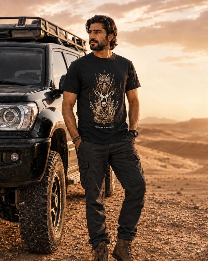 Man beside a 4x4 in the desert at sunset wearing the black Iconic Trinity shirt