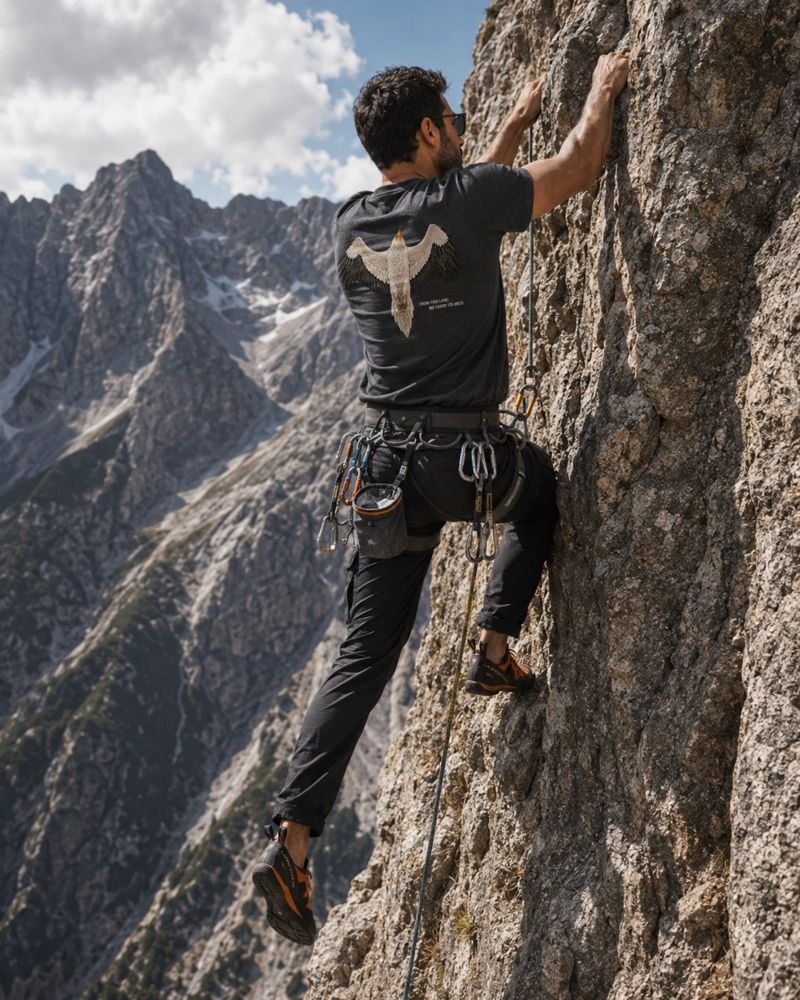 Climber on a rock face wearing the charcoal Egyptian Vulture shirt, design on the back