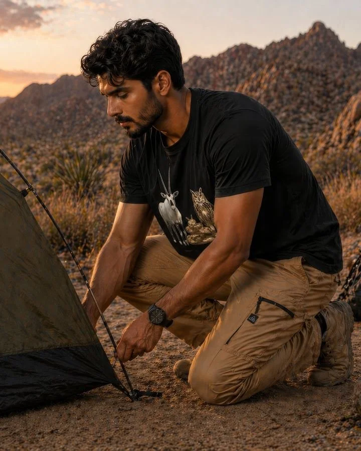 Man setting up a tent wearing the original black Oryx, Owl and Viper shirt