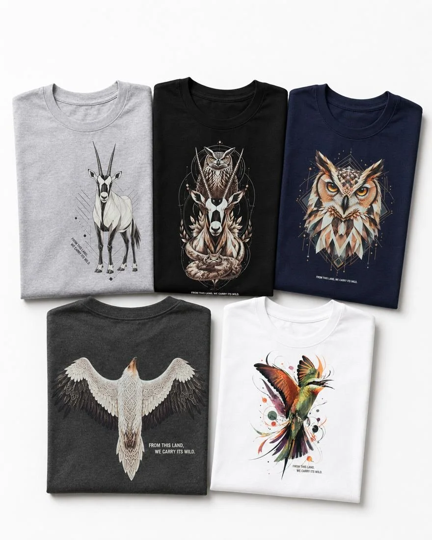 The five From This Land shirts laid flat: grey oryx, black trinity, navy owl, charcoal vulture, white bee-eater