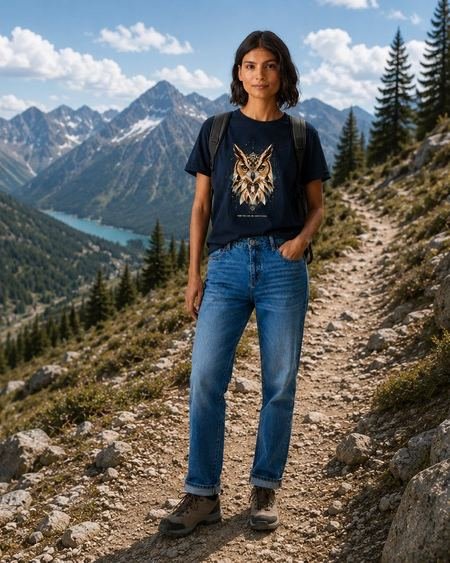 Hiker on a mountain trail wearing the navy Pharaoh Eagle-Owl shirt