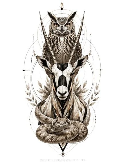 Iconic Trinity artwork with owl, oryx and viper