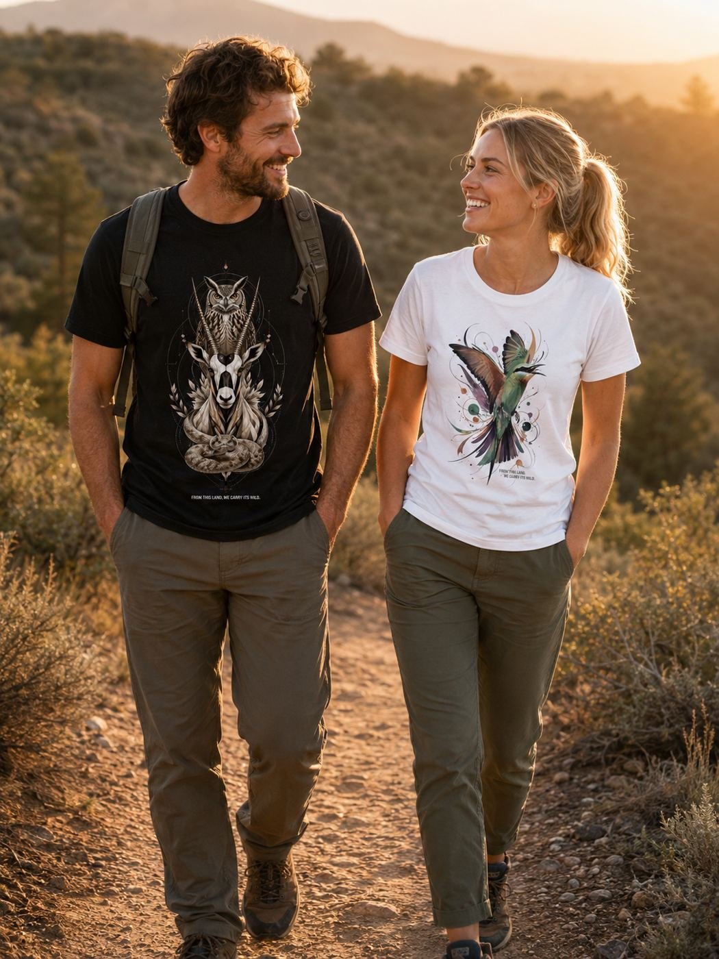 Two hikers wearing the Iconic Trinity and Blue-cheeked Bee-eater shirts on a trail at sunset