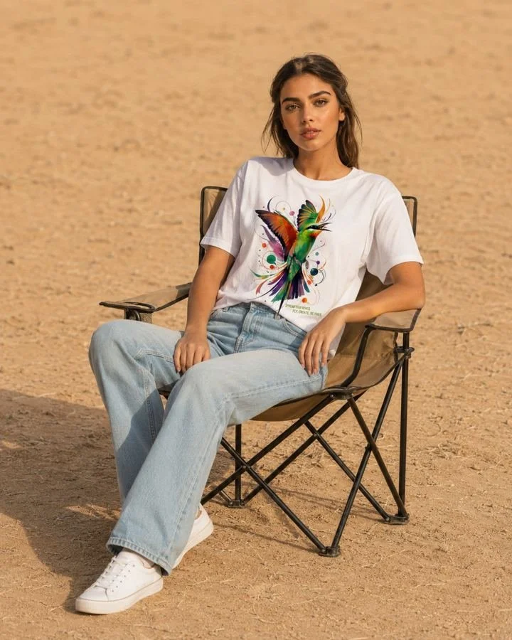 Woman in a camping chair on sand wearing the white Blue-cheeked Bee-eater shirt