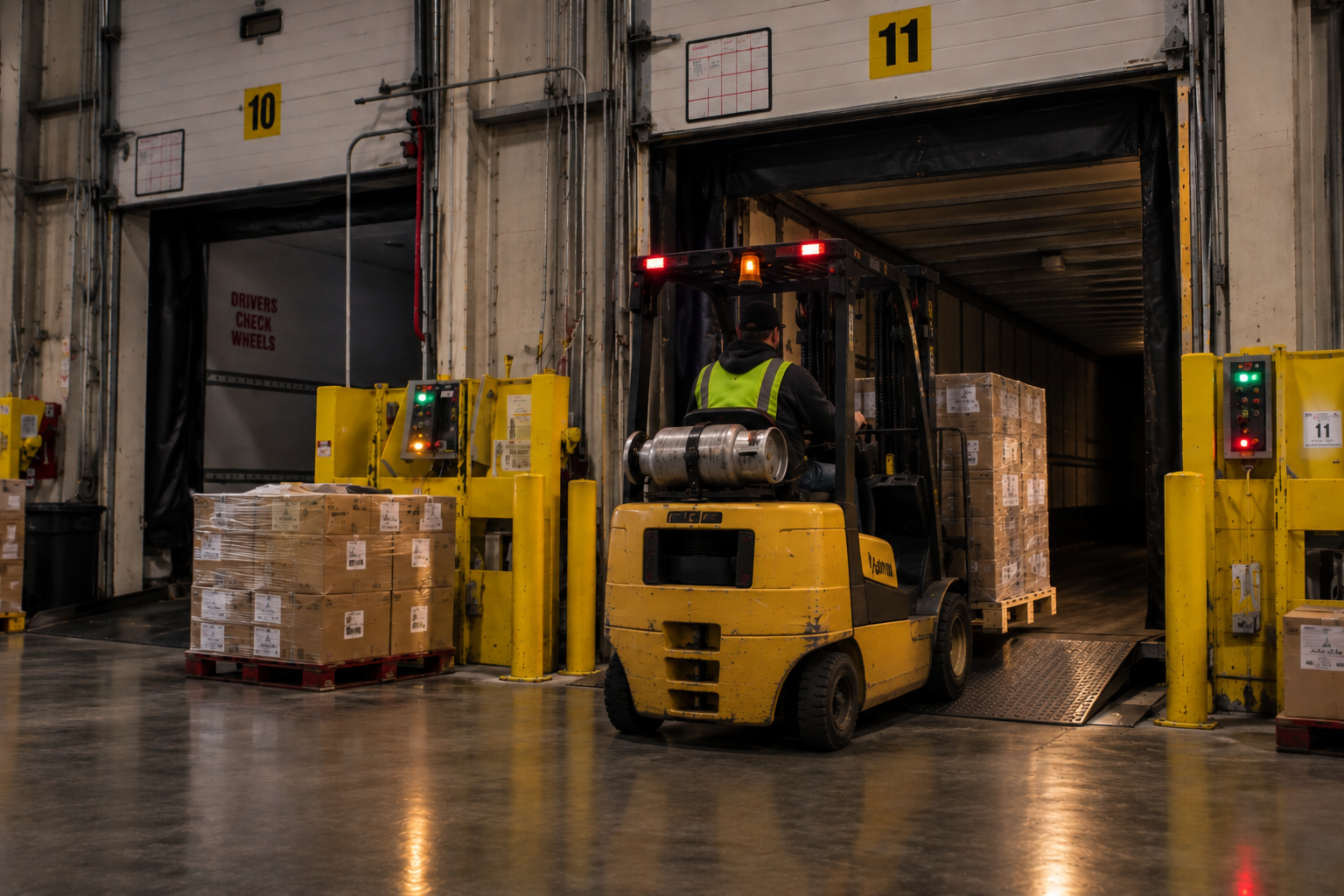 Forklift loading palletized freight into a semi-trailer at a shipping dock