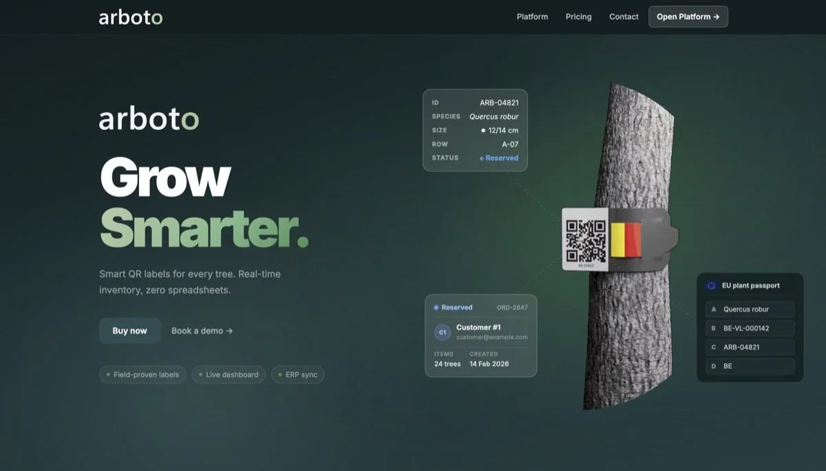 Arboto QR tree label with live inventory and EU plant passport data