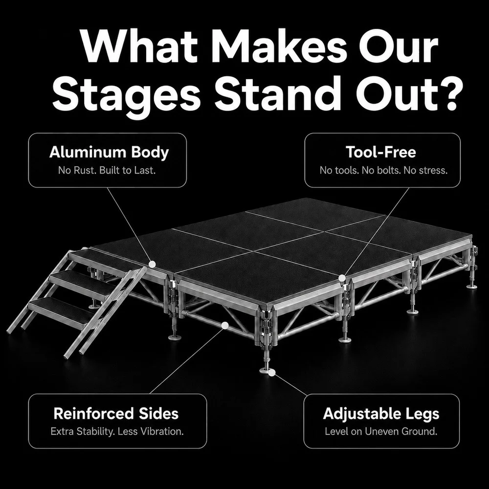What makes our stages stand out: aluminum body (no rust, built to last), tool-free assembly (no tools, no bolts), reinforced sides (extra stability, less vibration) and adjustable legs (level on uneven ground).