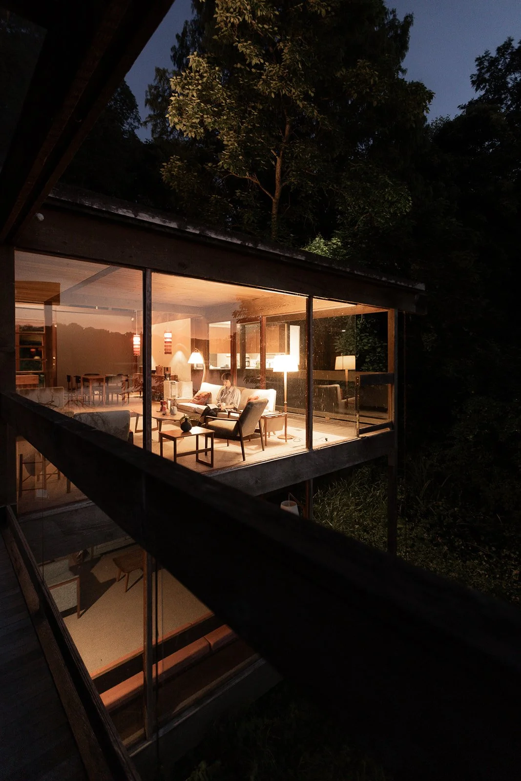 A glass-walled modernist house glowing at dusk among dark trees