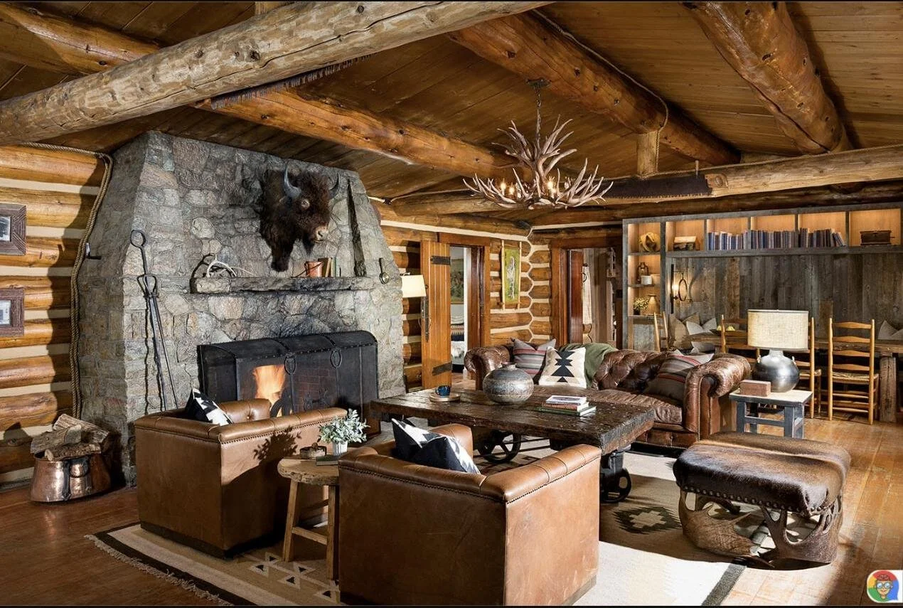 Log cabin great room at Lone Mountain Ranch