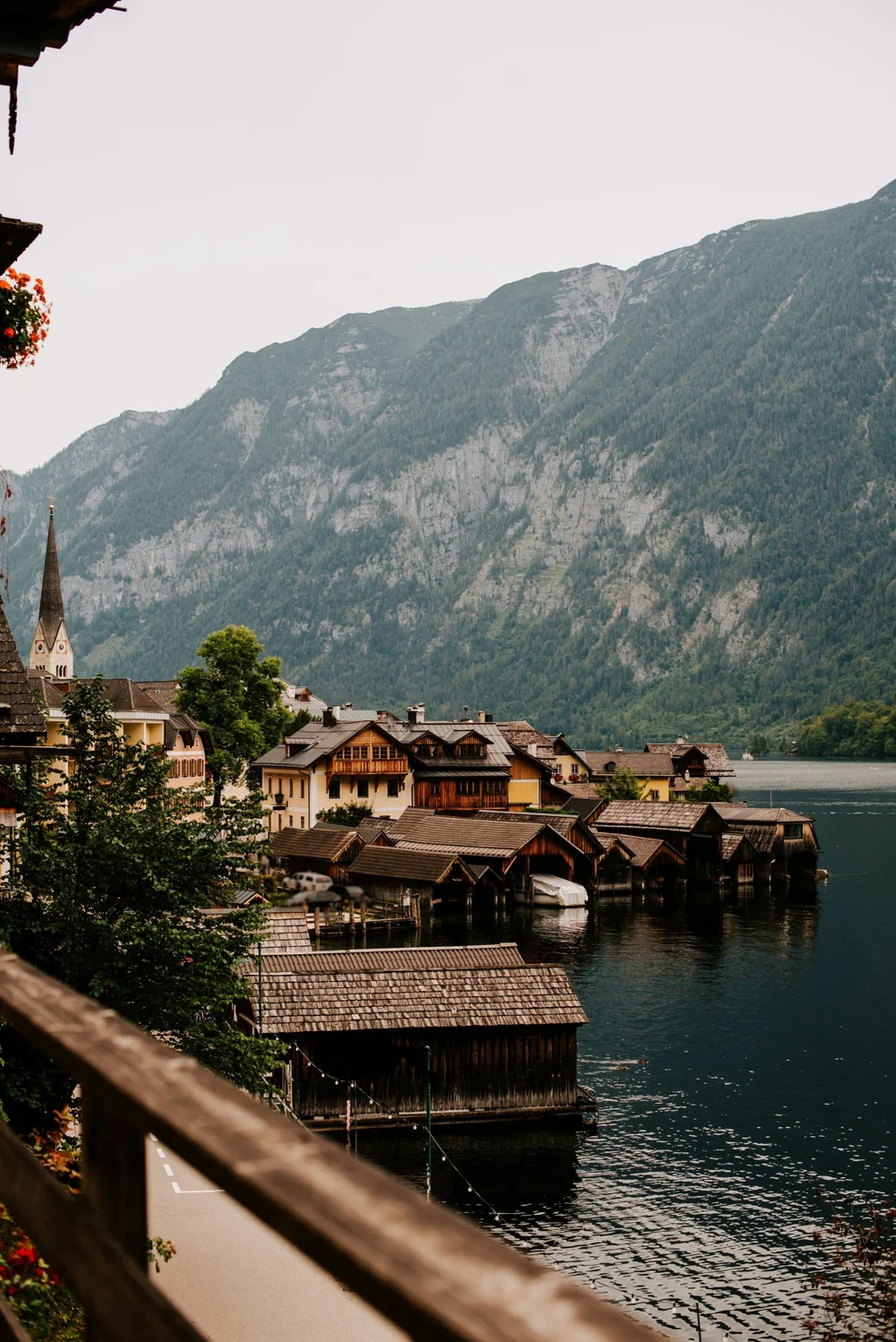 Boathouses along a lake in Hallstatt, Austria