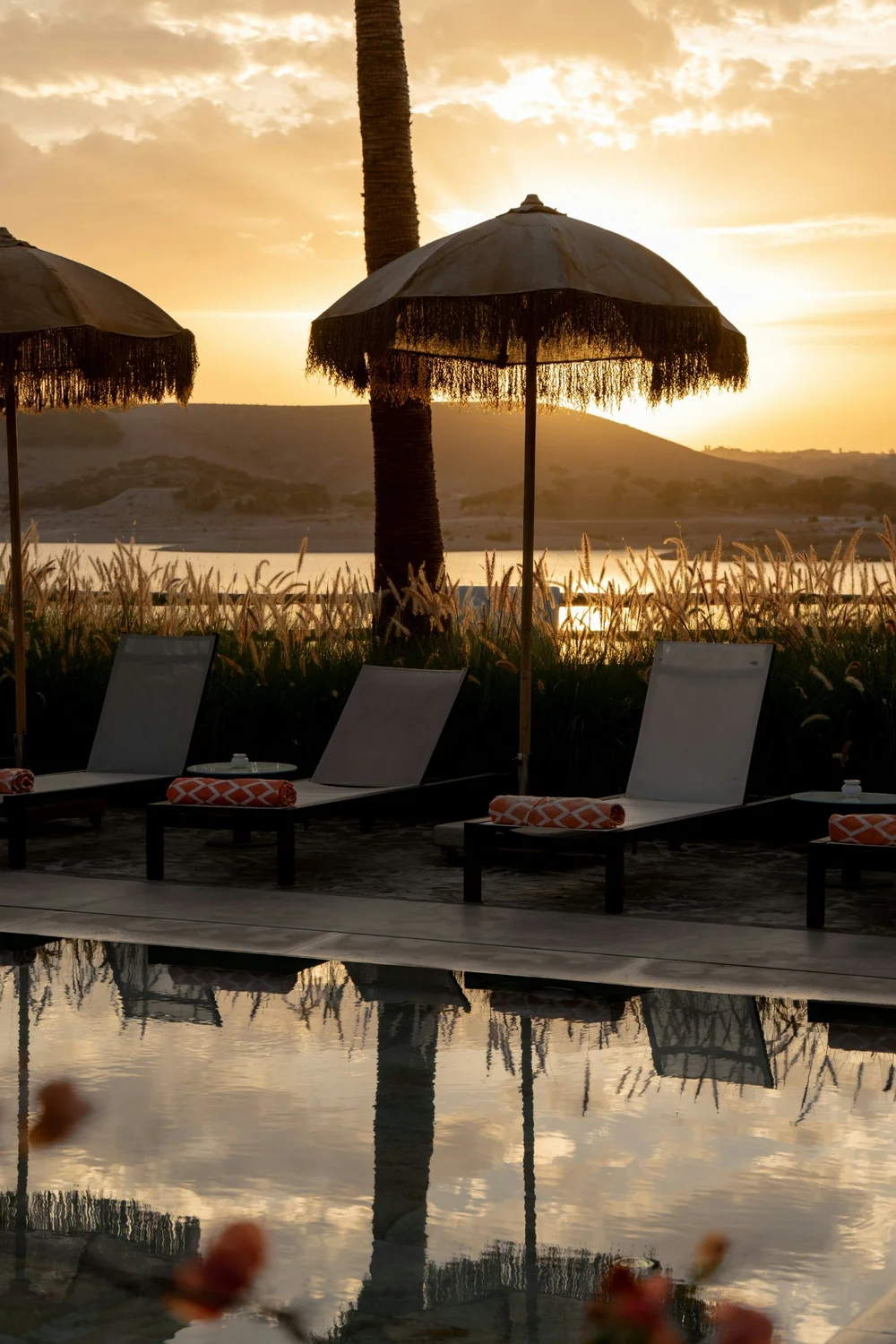 Fringed umbrellas and loungers by a resort pool at sunset
