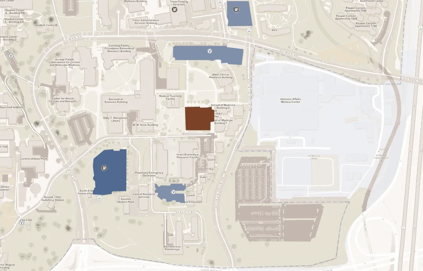 Campus map around the MET Building. The MET Building is highlighted in brown on the north side of Biomedical Sciences Way, west of Villa La Jolla Drive. The South Parking Structure is highlighted in blue to the southwest, next to the South Entrance on Gilman Drive. P603 is south of the MET Building off Service Road, P602 is north along Gilman Drive, and the Gilman Parking Structure is north of Gilman Drive. The VA Medical Center and its parking are east of Villa La Jolla Drive. VA Medical Center trolley station is east of the VA Medical Center, and a dotted walking route leads west from the station, along the south side of the VA Medical Center, across Villa La Jolla Drive, to the MET Building.