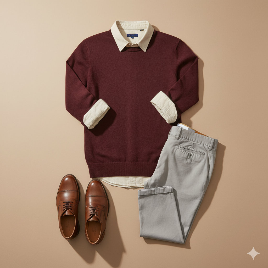 Flatlay with light neutral shirt, optional vest or pullover, gray pants, casual brown dress shoes