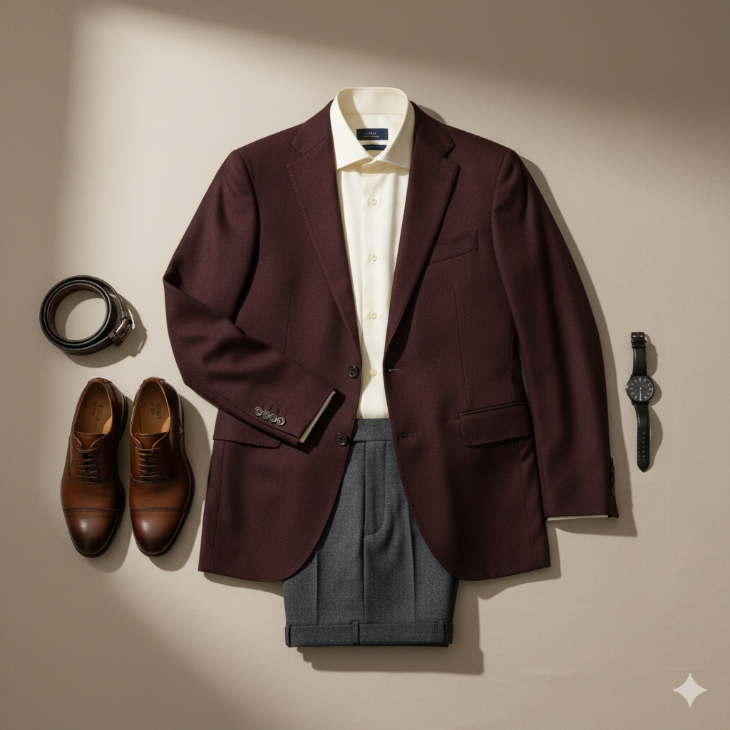 Flatlay with cream shirt, maroon blazer, charcoal trousers, brown leather shoes and belt