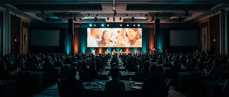 AI-generated illustration of a recap video playing for a conference audience