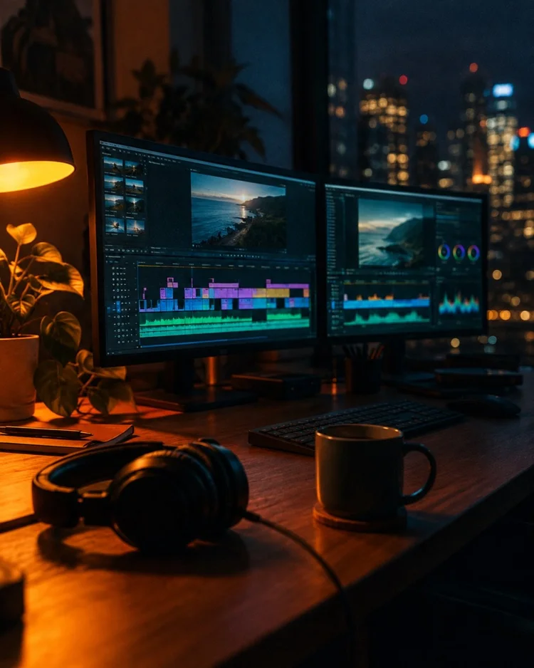 AI-generated illustration of an editing desk late at night