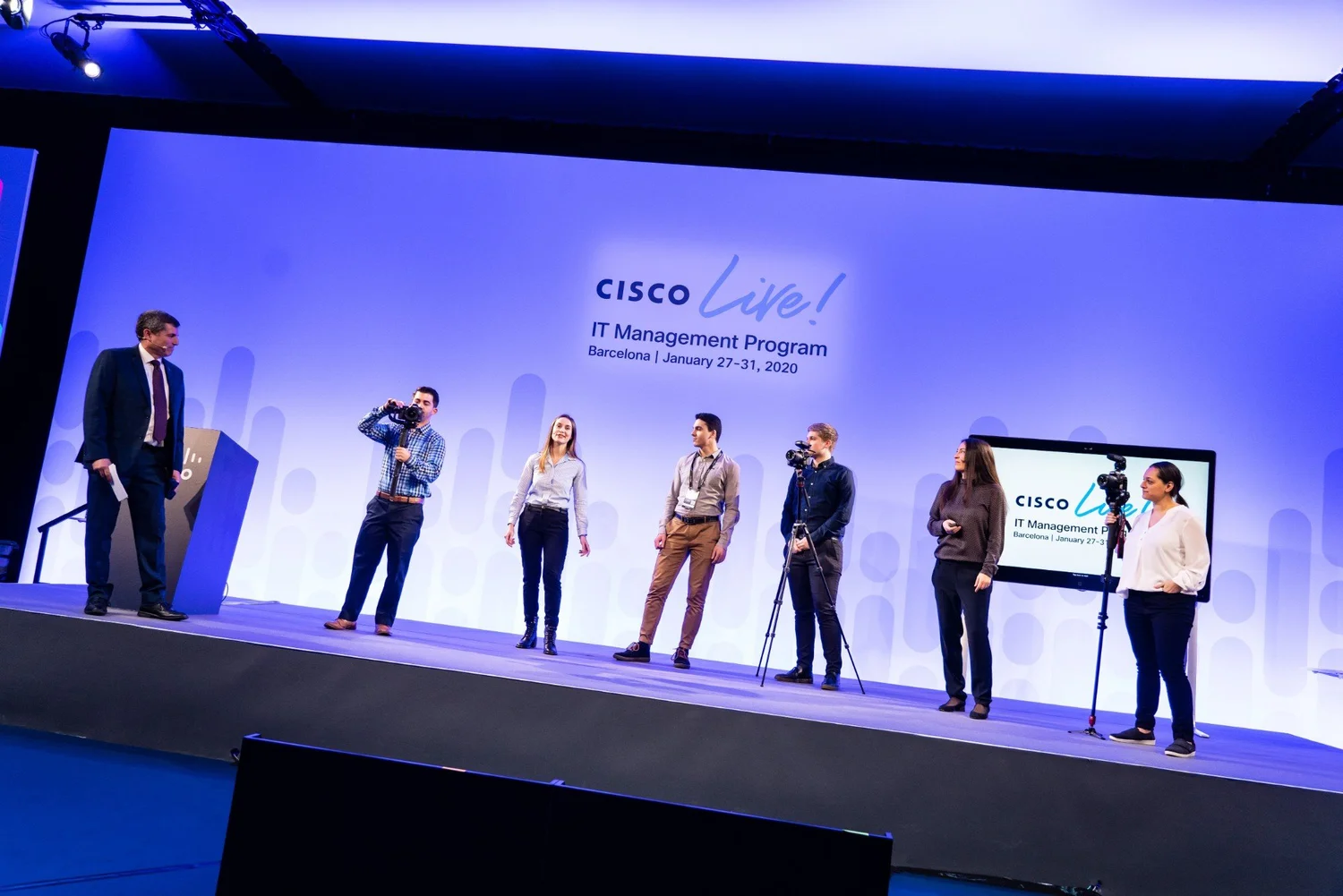 IT Roaming Reporters filming on stage at the Cisco Live IT Management Program in Barcelona, January 2020