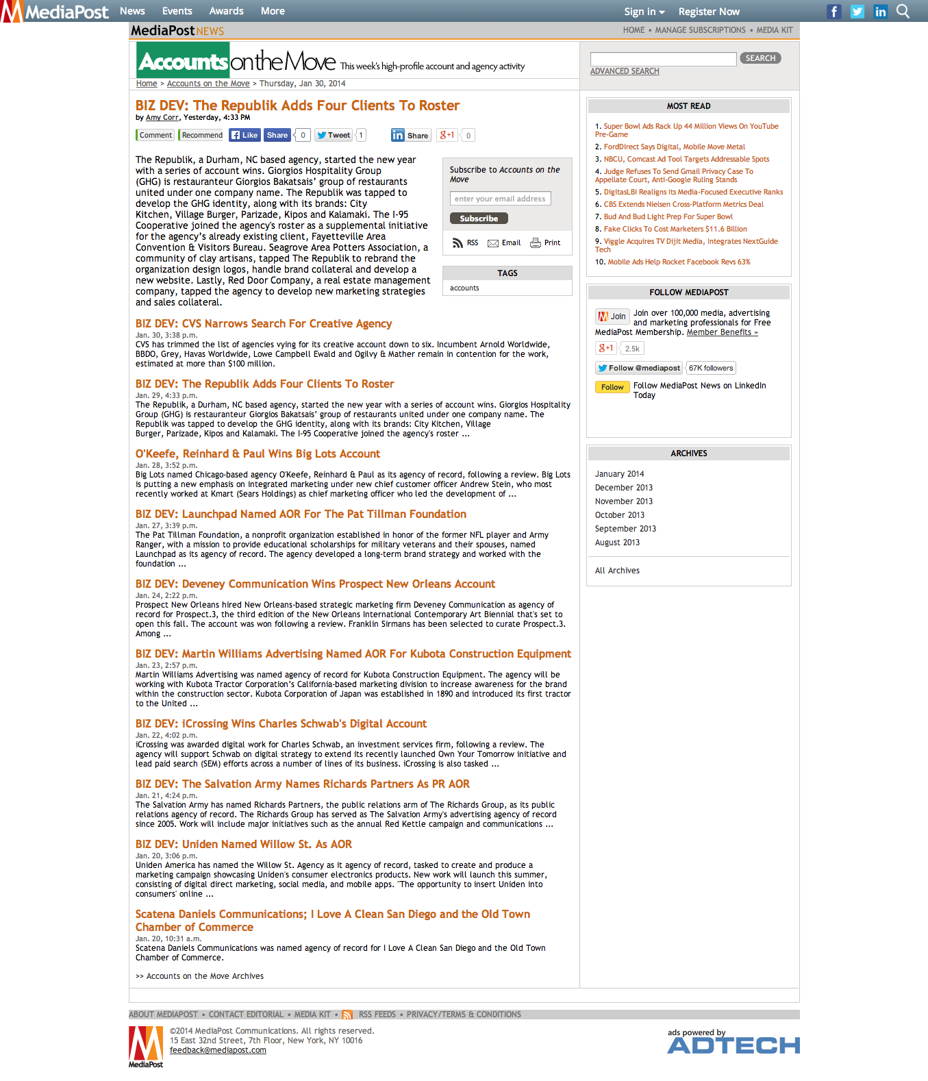 MediaPost Publications BIZ DEV  The Republik Adds Four Clients To Roster 01 30 2014