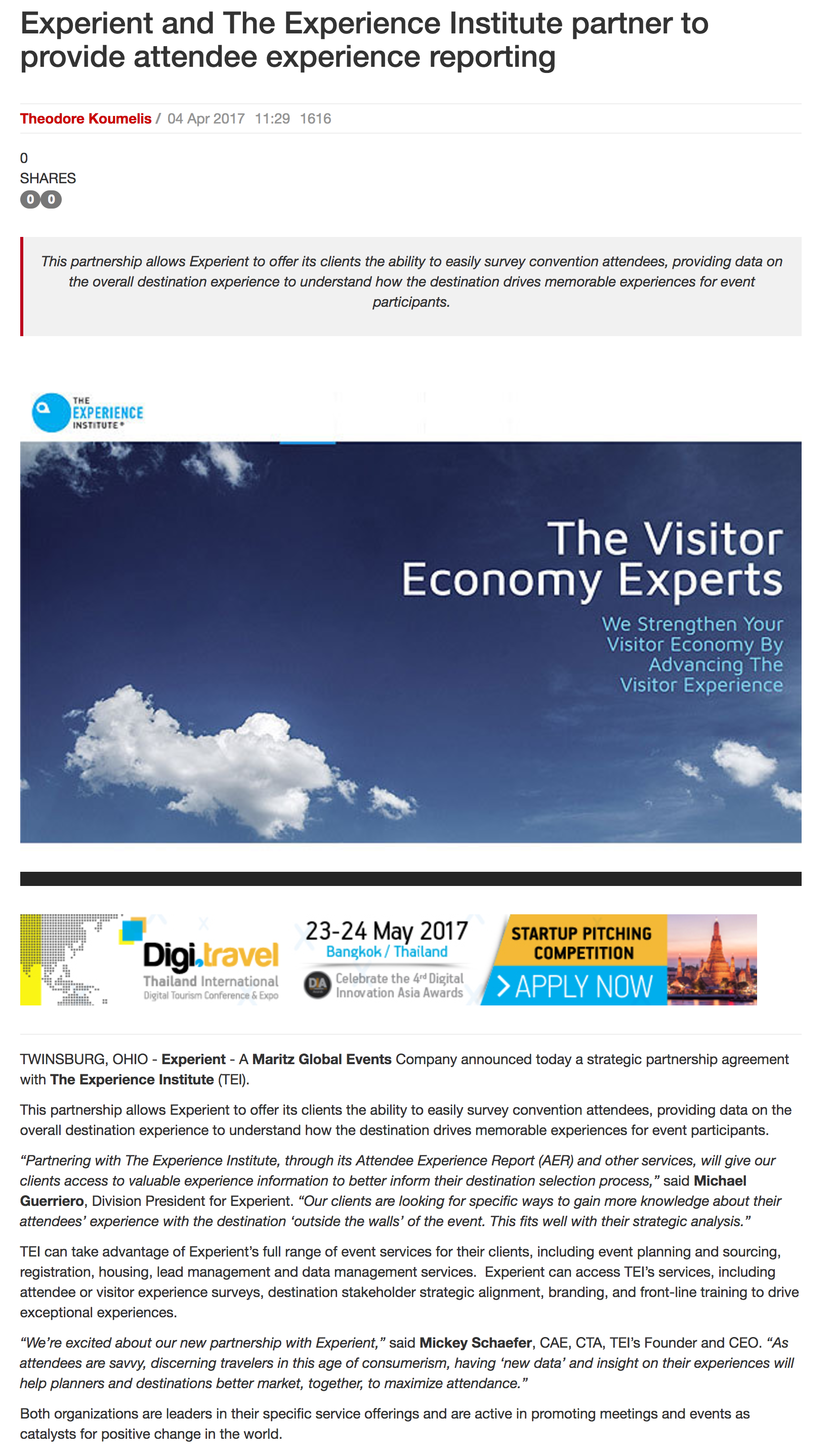 Experient and The Experience Institute partner to provide attendee experience reporting TravelDailyNews International