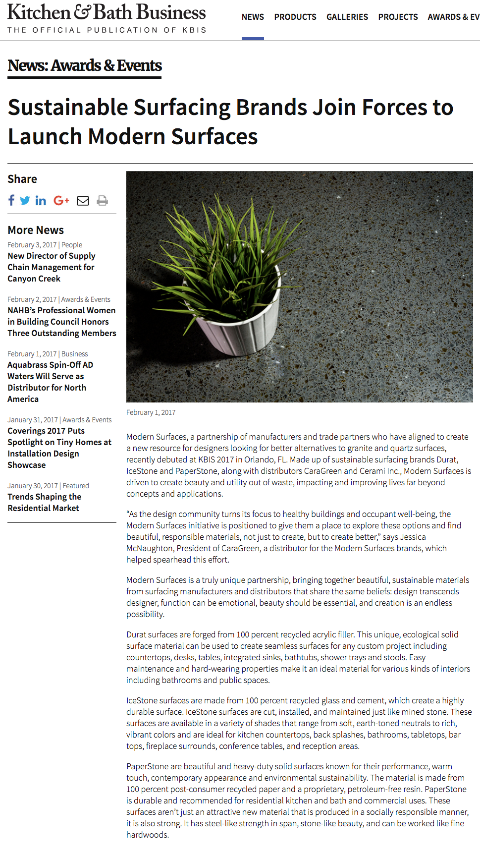 Sustainable Surfacing Brands Join Forces to Launch Modern Surfaces Kitchen Bath Business