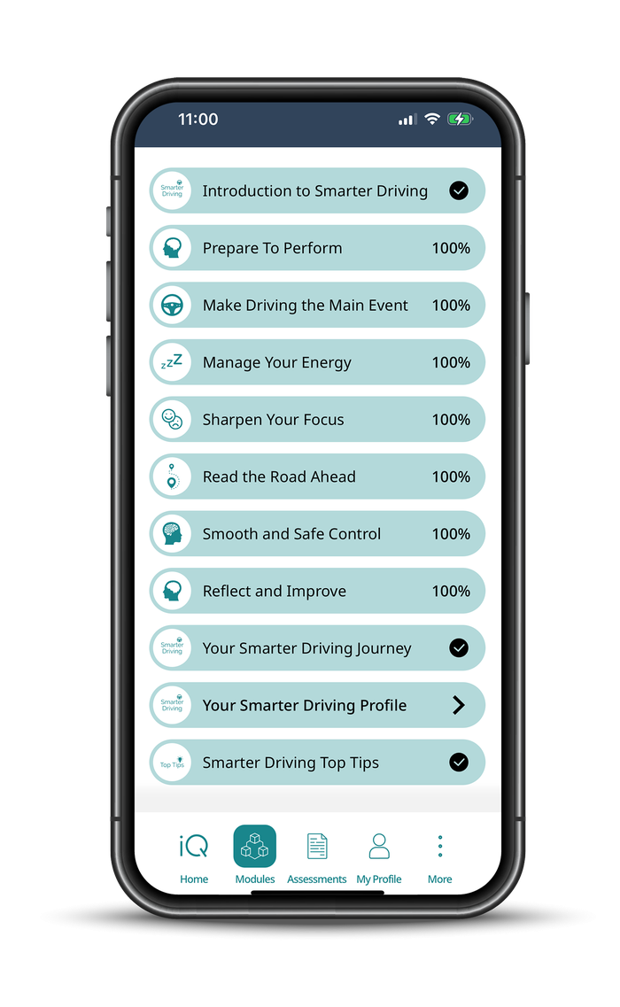 The Smarter Driving module list on a phone, showing each module at 100% complete