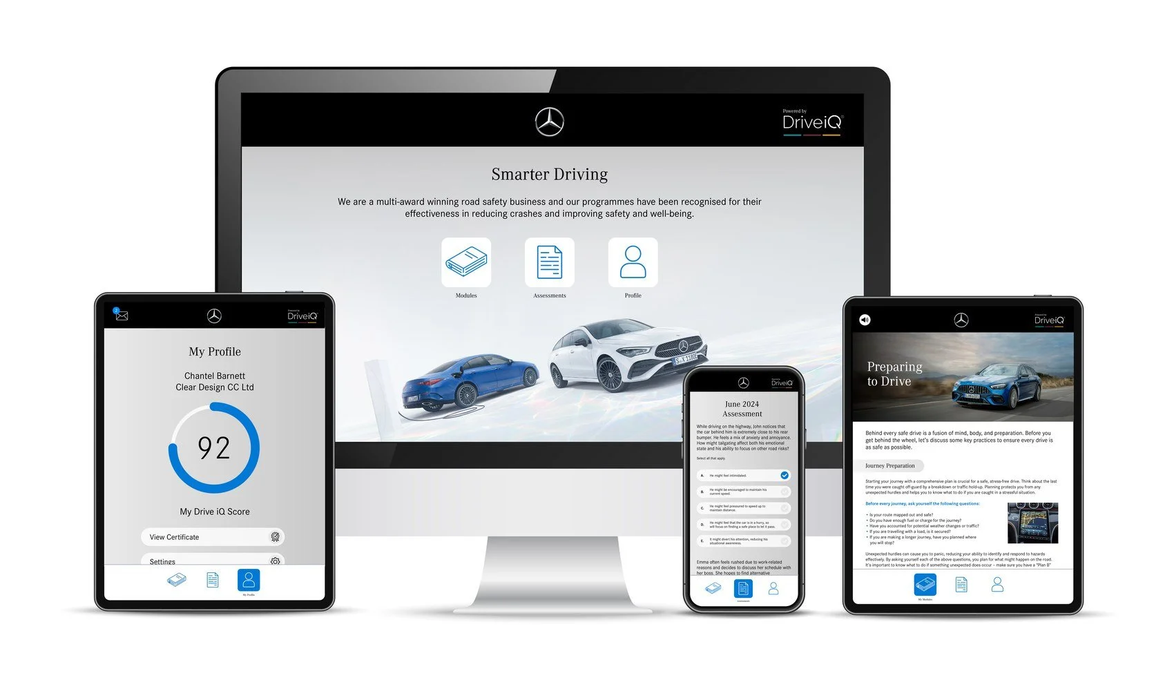 Smarter Driving white-labelled for Mercedes-Benz, shown on a monitor, tablet and phone