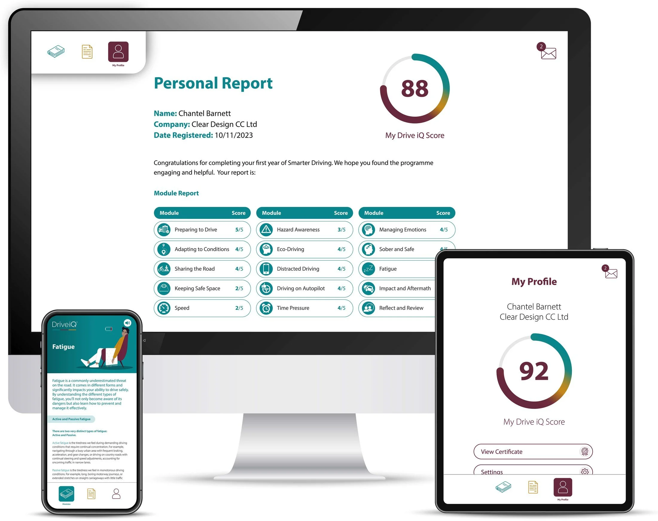 The Drive iQ platform shown on desktop, tablet and mobile, displaying a driver's Personal Report and Drive iQ Score