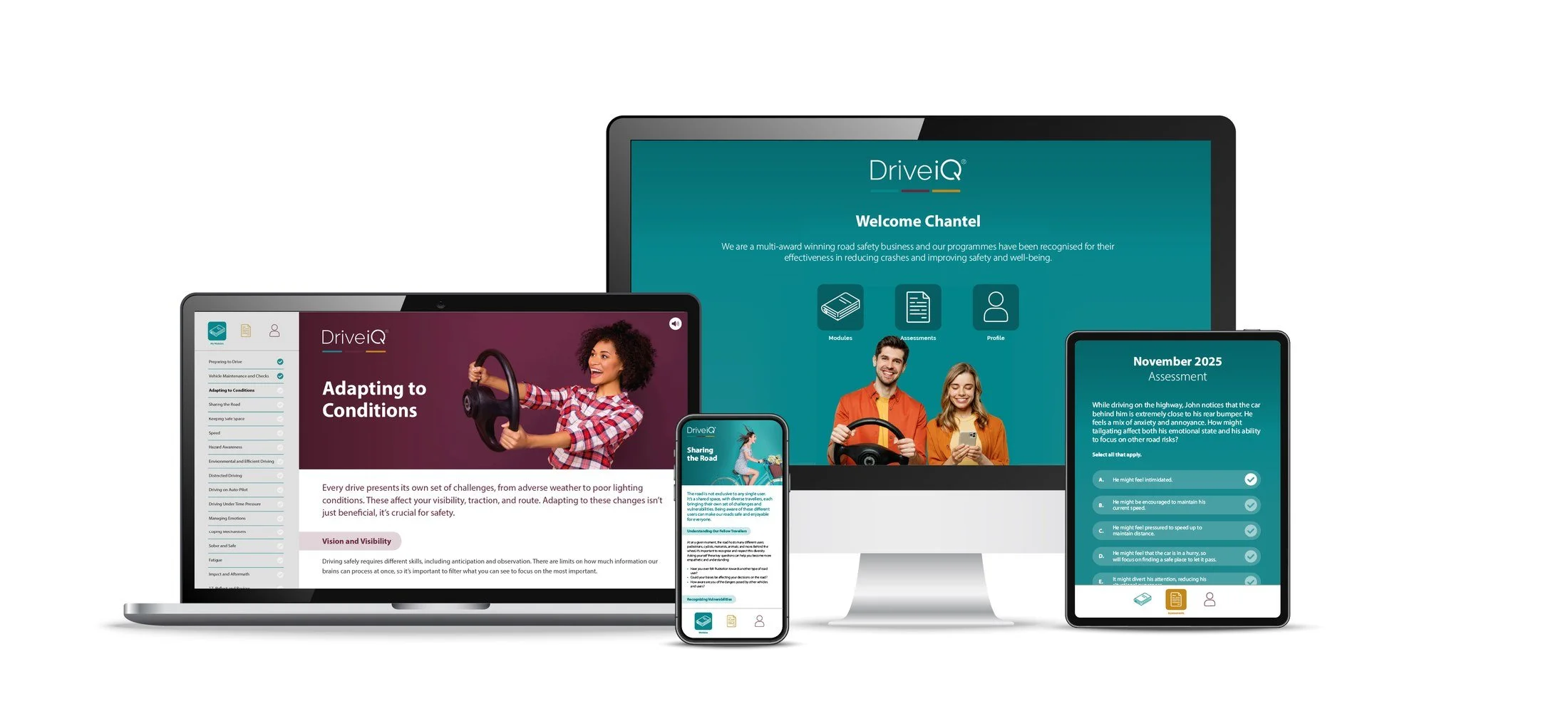 The Drive iQ programme shown on a laptop, a phone, a desktop monitor and a tablet