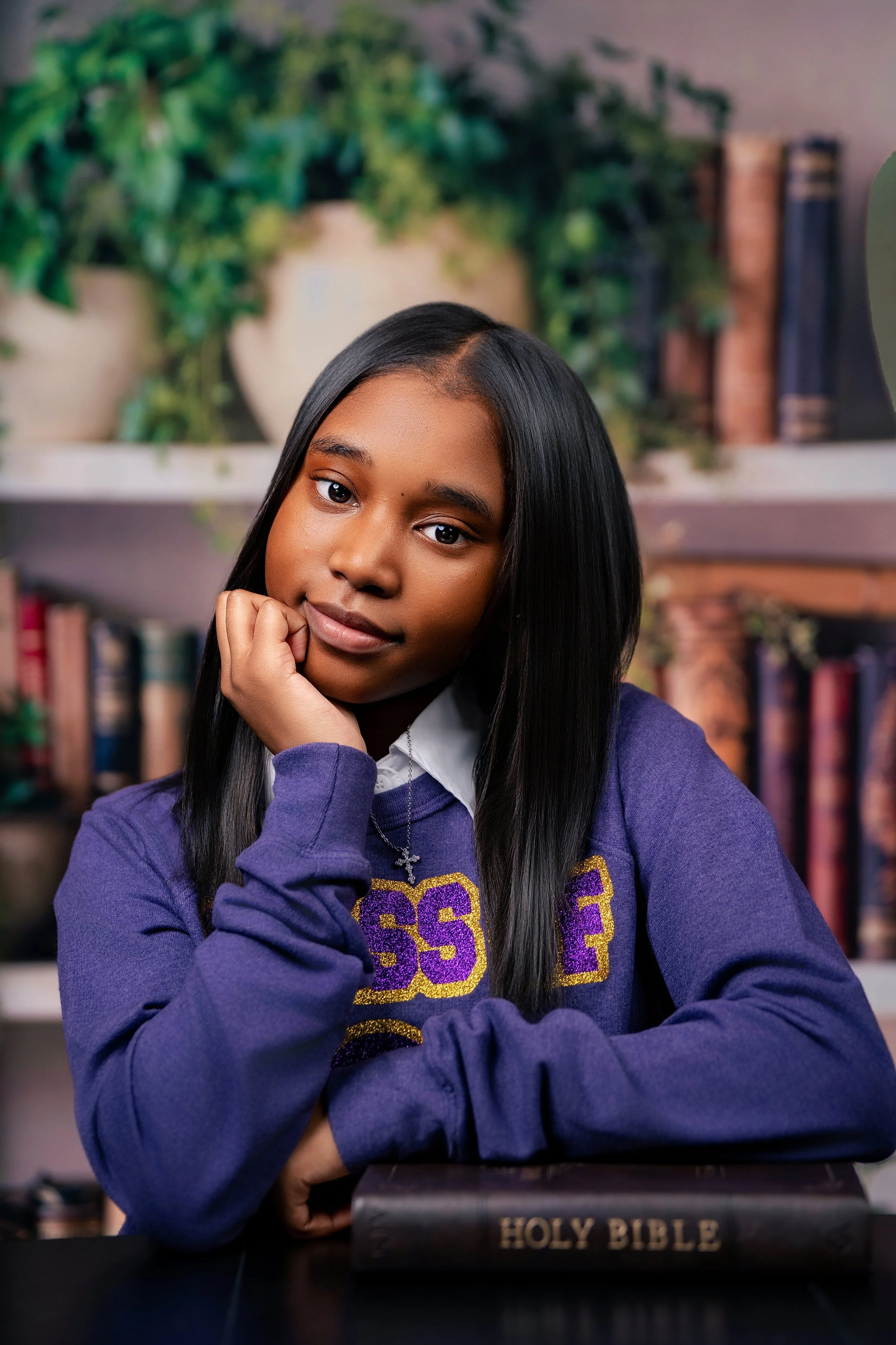 Senior portrait, purple sweatshirt