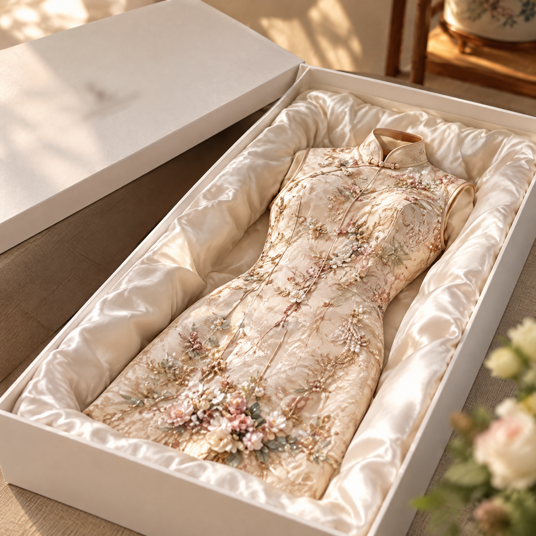 The gift-boxed gown, ready for delivery