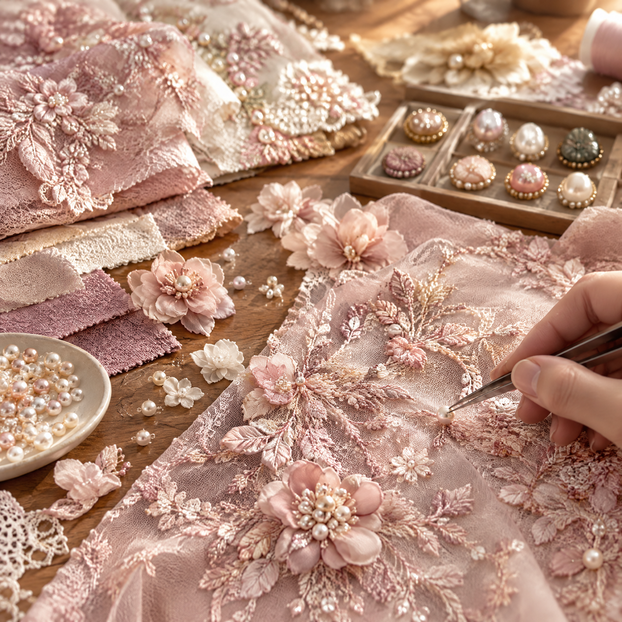 Embroidery fabrics and floral embellishments
