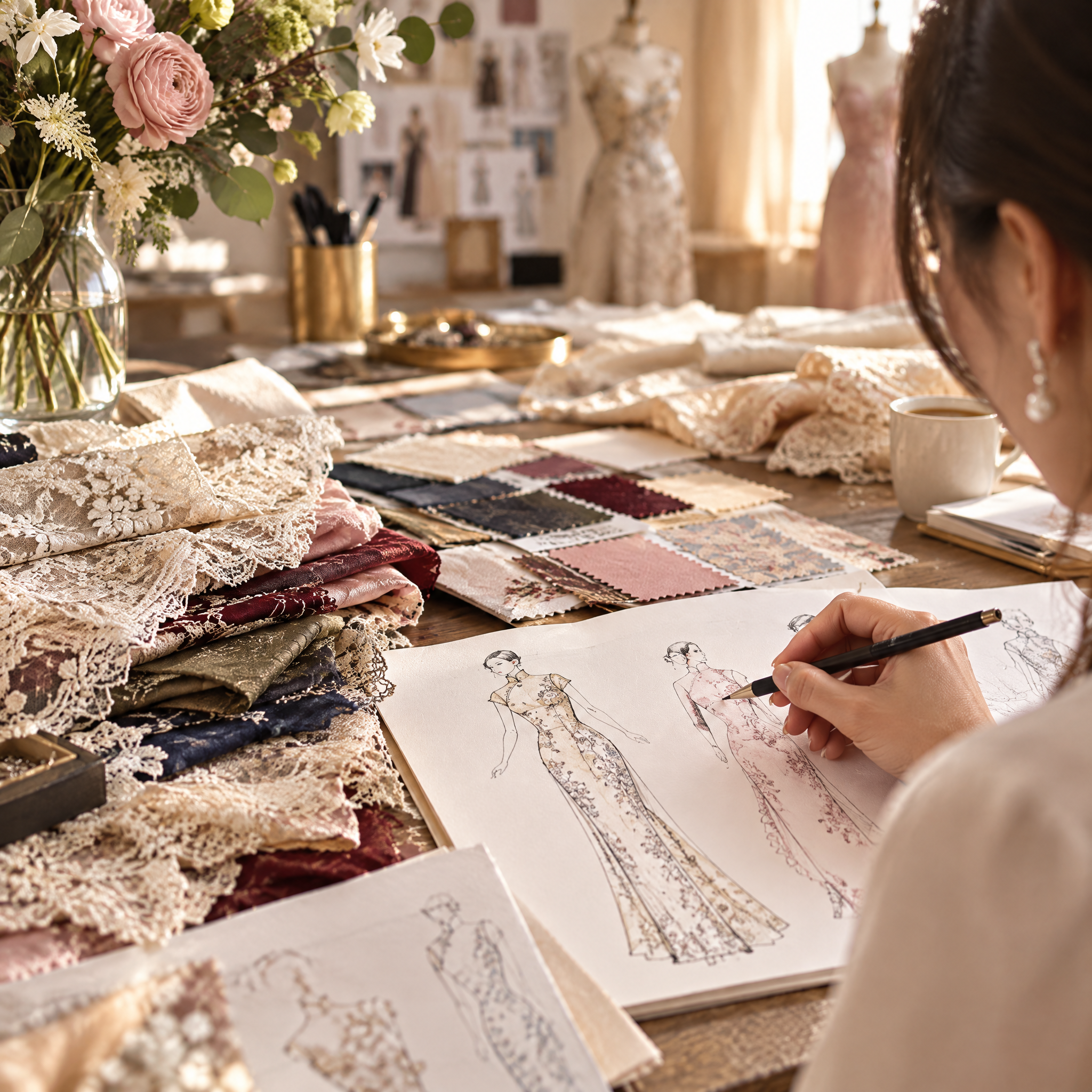 Sketches and fabric details shared during the consultation