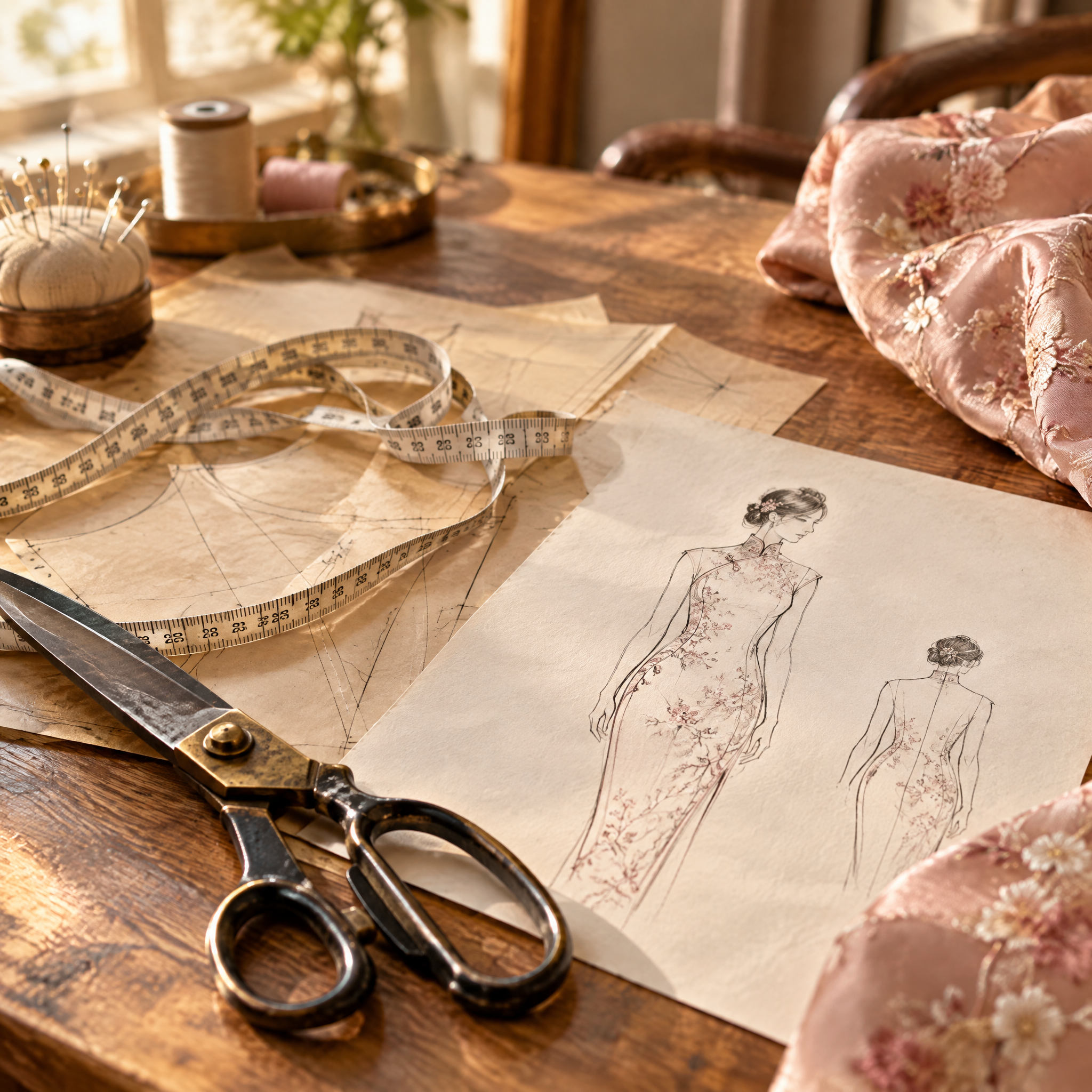 Measuring tools and design sketches arranged together