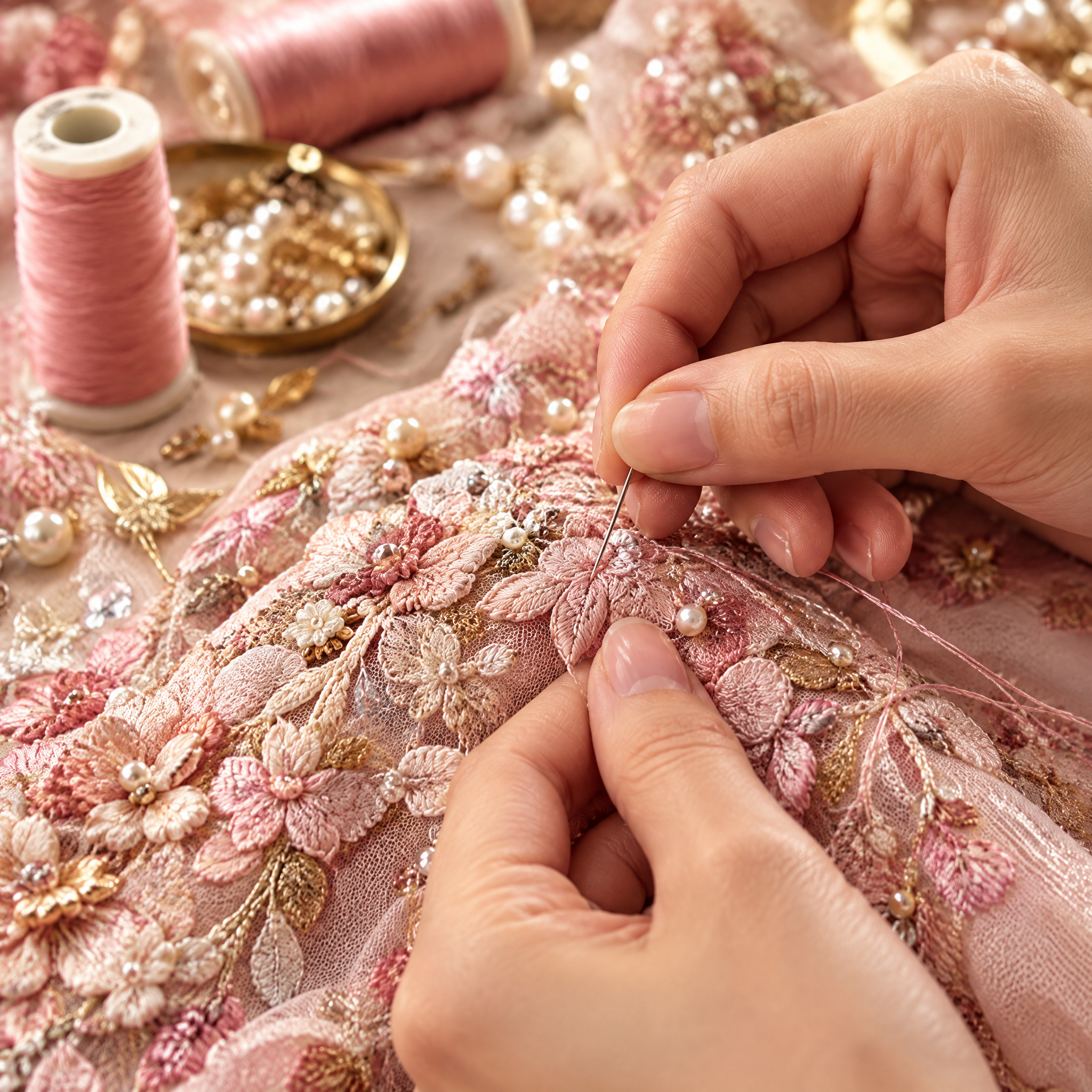 Handcrafting the gown in the atelier