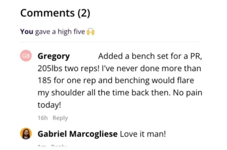 Greg's message: 205 lb for two reps, never more than 185 for one rep before
