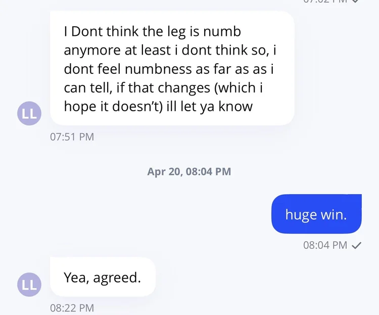 Liz's message about her leg numbness
