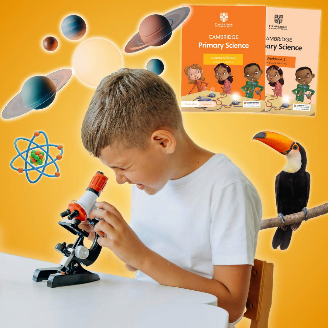 A boy looking into a microscope, with Cambridge Primary Science textbooks