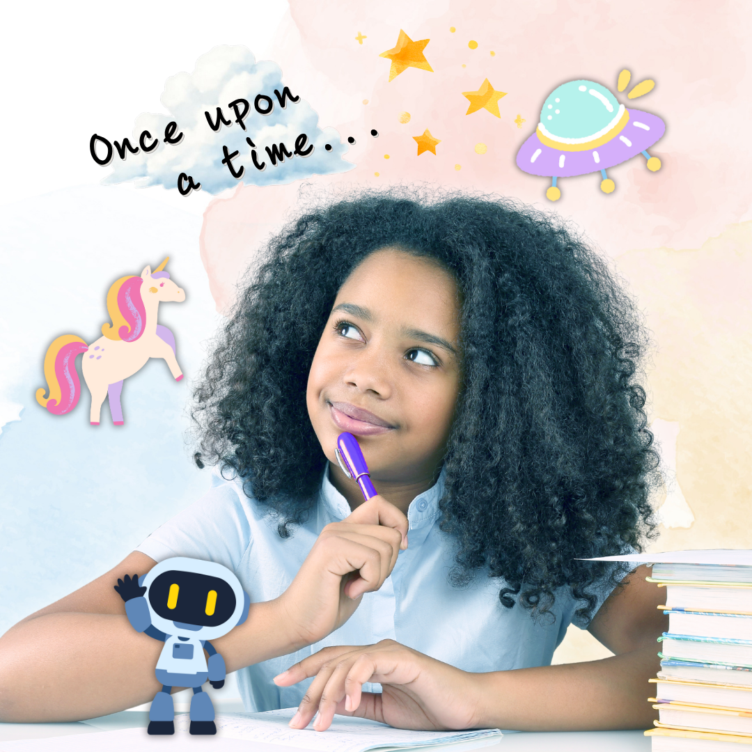 A girl imagining a story with a pen in hand, surrounded by story doodles