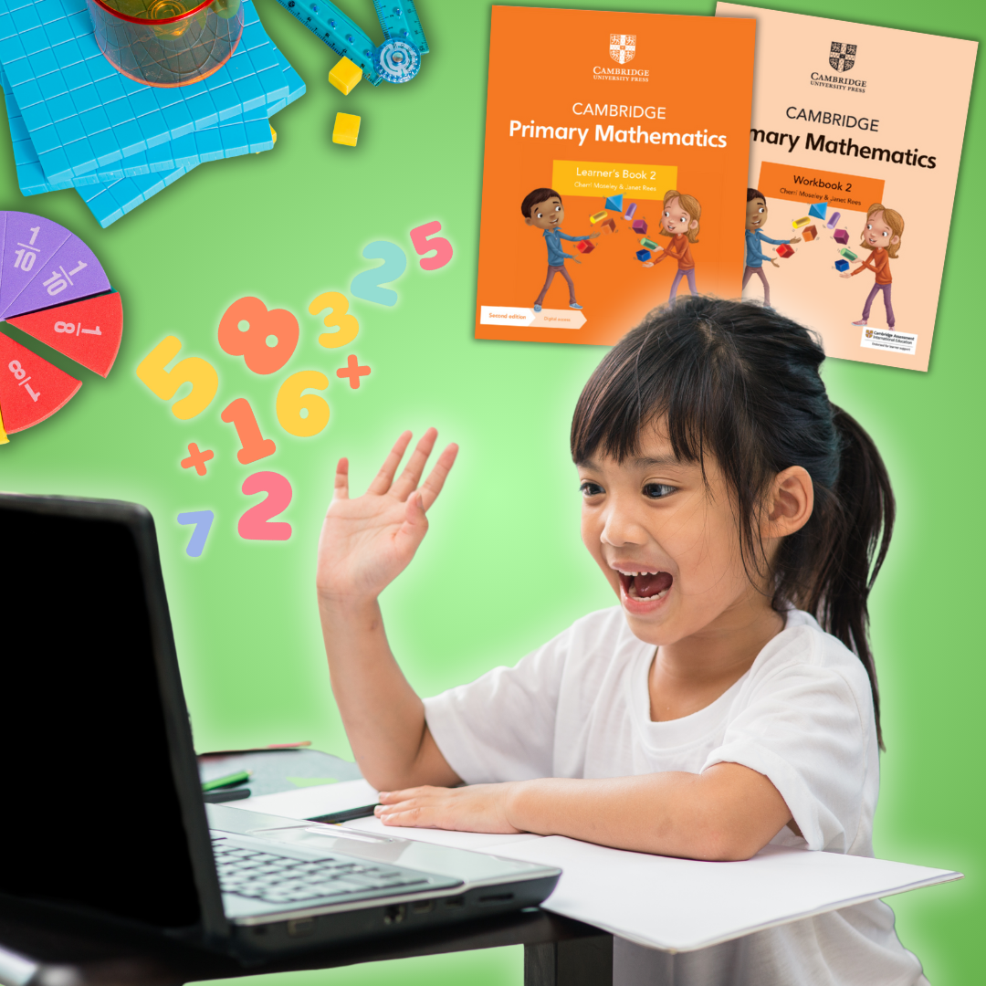 A girl raising her hand in an online math lesson, with Cambridge Primary Mathematics textbooks