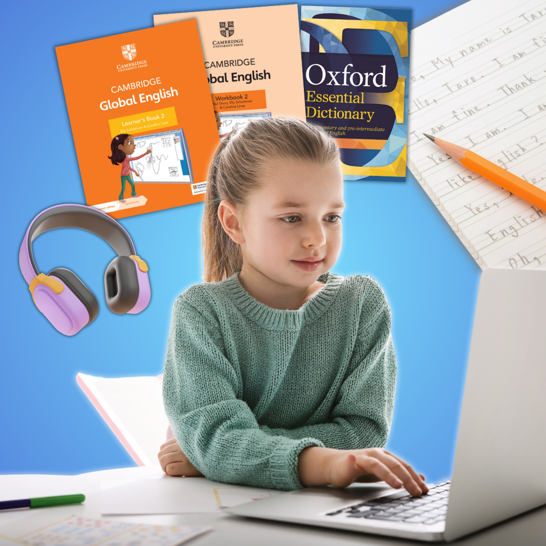 A young girl studying English online with Cambridge Global English textbooks